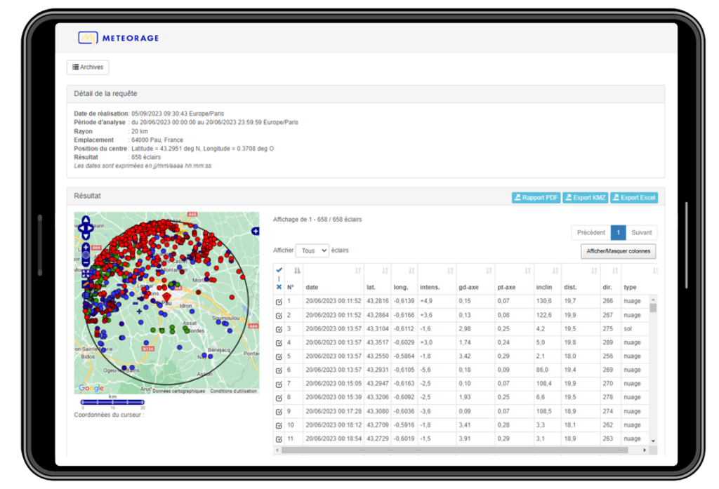 Evaluer : Vue de l'Espace Client avec les éclairs détectés et leurs caractéristiques dans la zone analysée.
