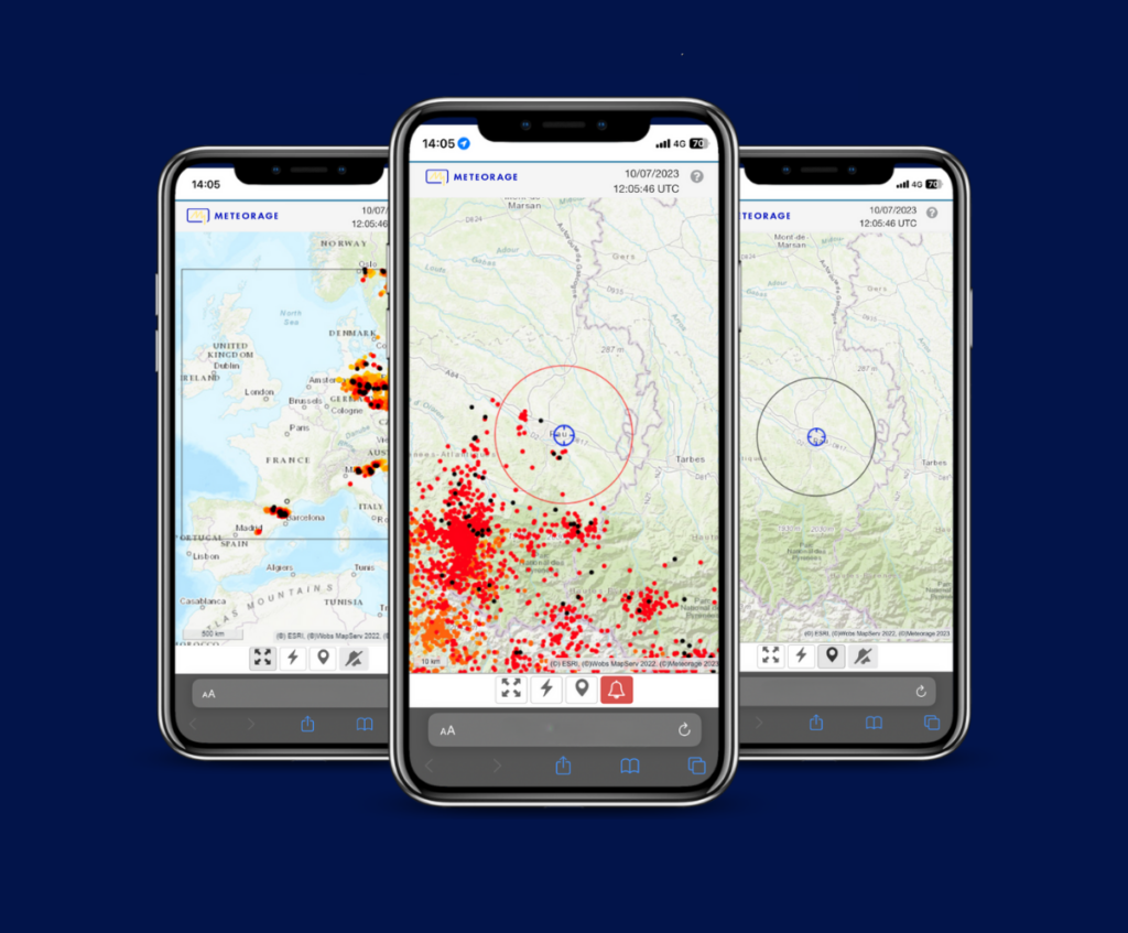 Être alerté : Vue des éclairs sur la zone de surveillance (Geoflash)