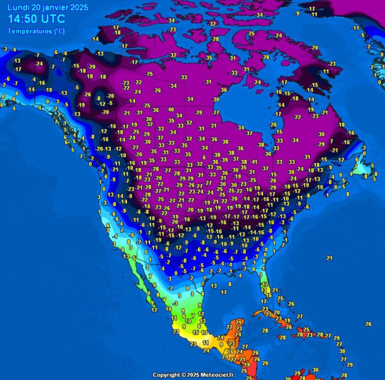 Températures relevées à 14h50 UTC, en Amérique du nord. ©Meteociel