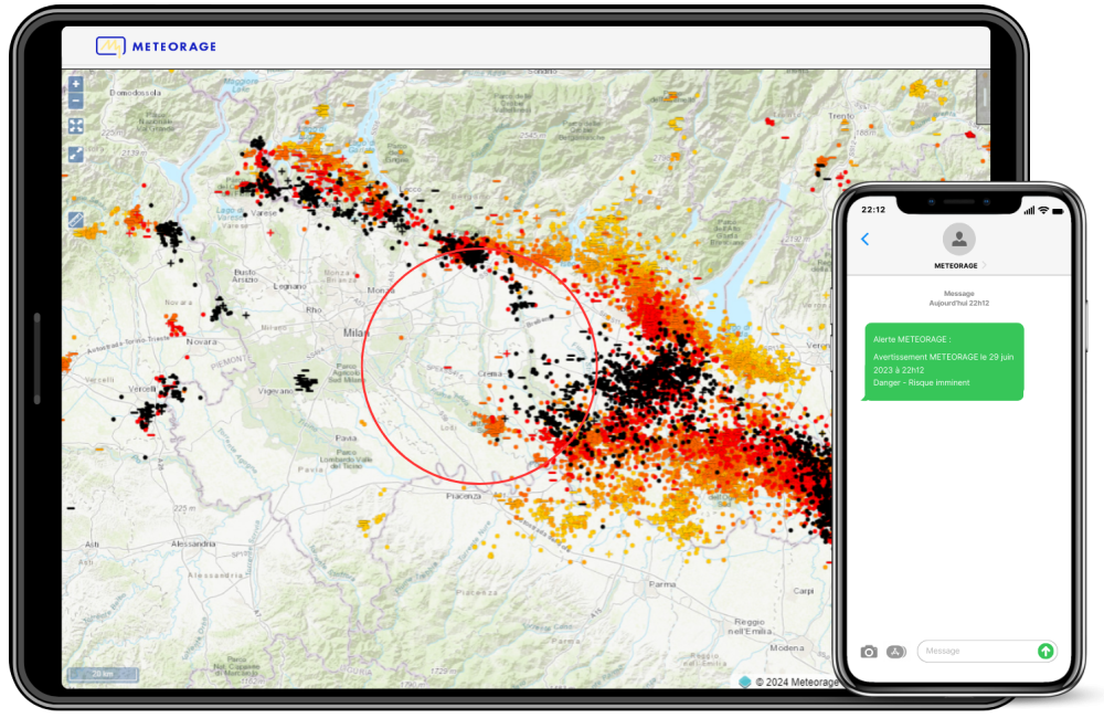 Visuel – Alerte Foudre Être alerté : Message de début d'alerte et visualisation des impacts dans la zone.
